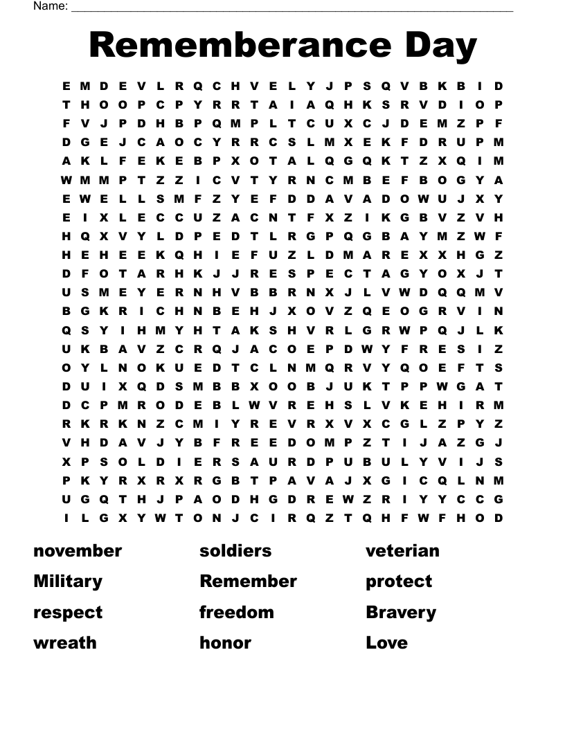 Rememberance Day Word Search