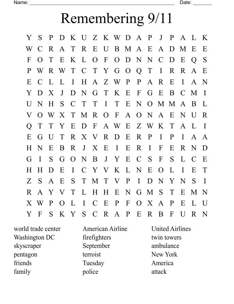 Remembering 9/11 Word Search
