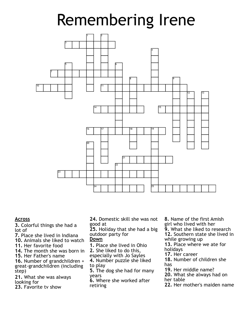 Remembering Irene Crossword