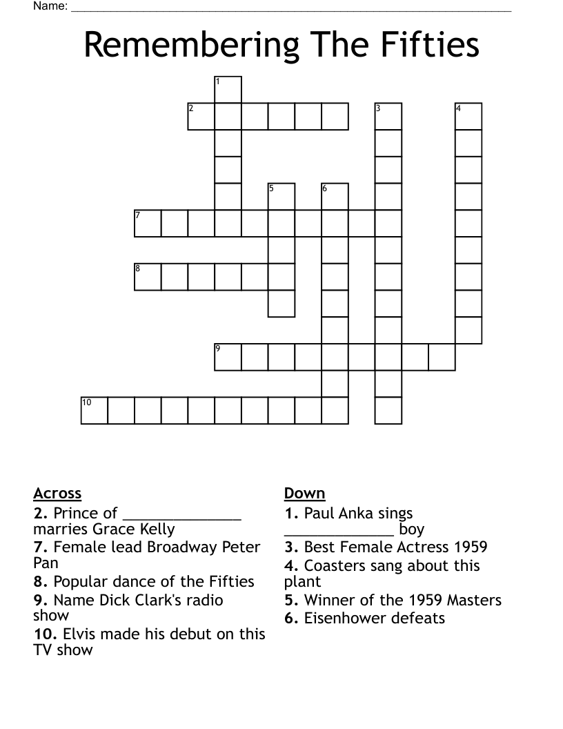 Remembering The Fifties Crossword