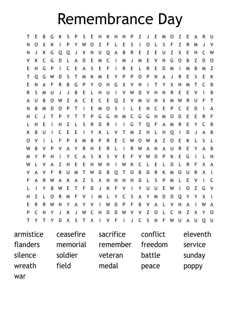 Remembrance Day Word Search