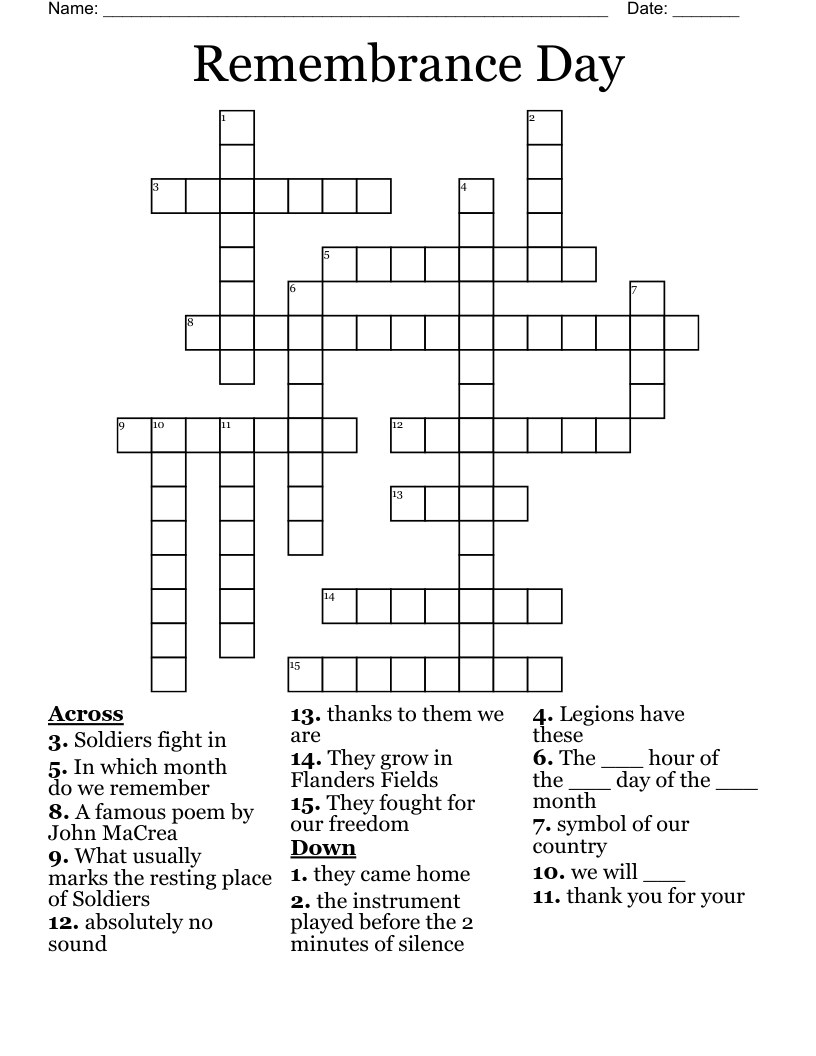 Remembrance Day Crossword