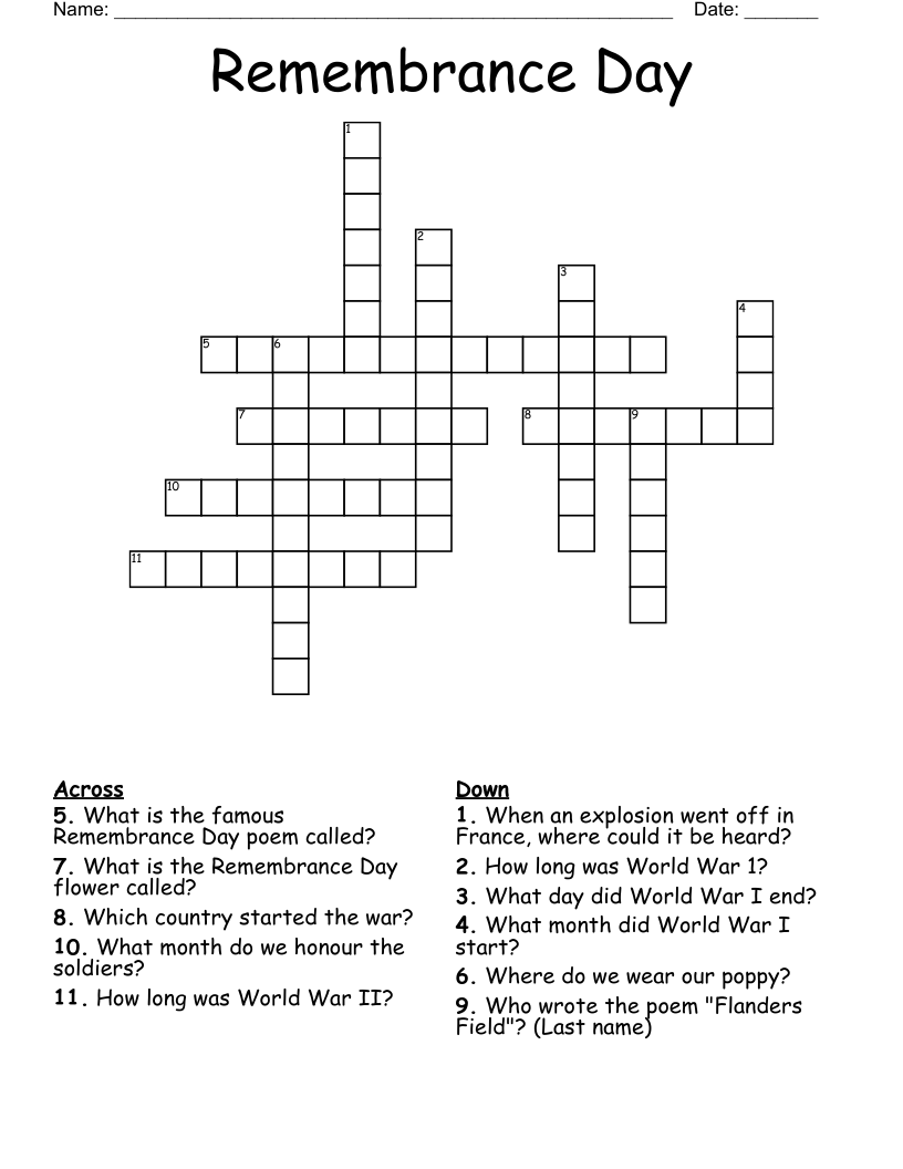 Remembrance Day Crossword