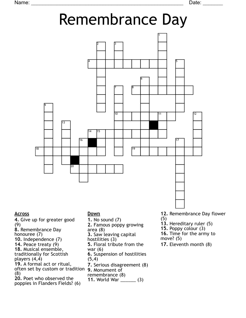Remembrance Day Crossword