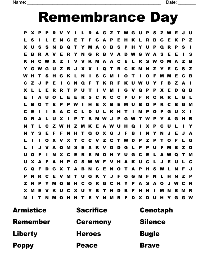 Remembrance Day Word Search