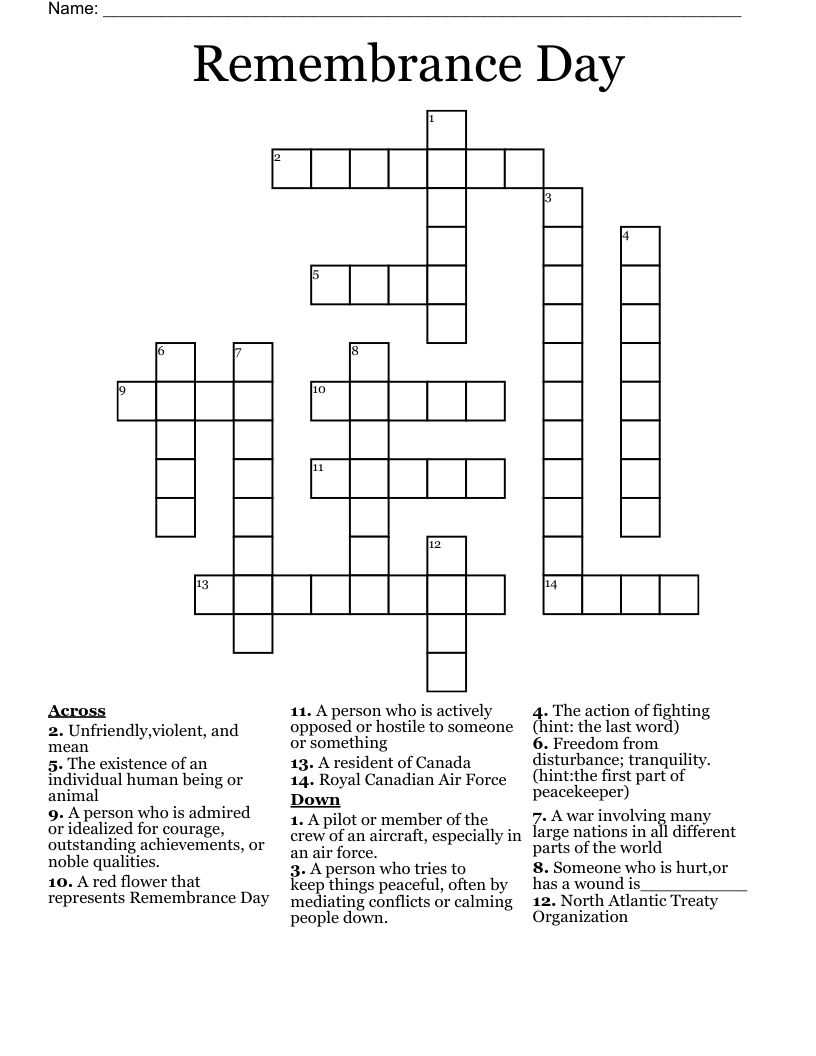 Remembrance Day Crossword