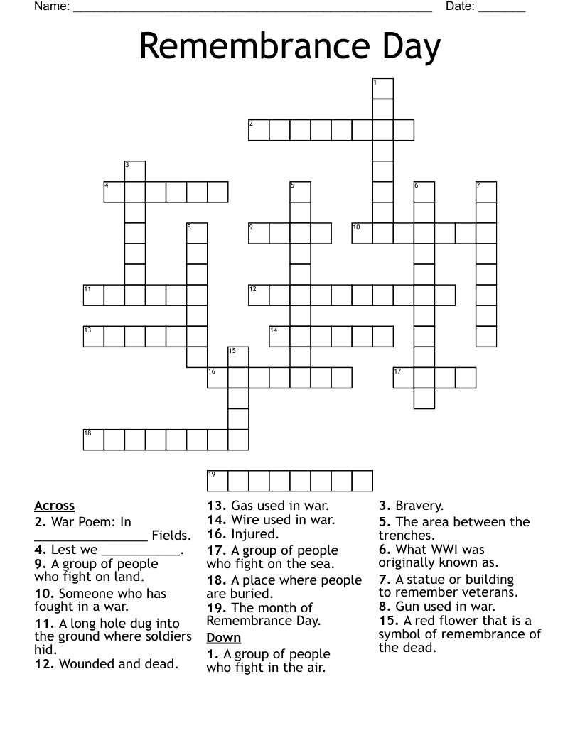 Remembrance Day Crossword