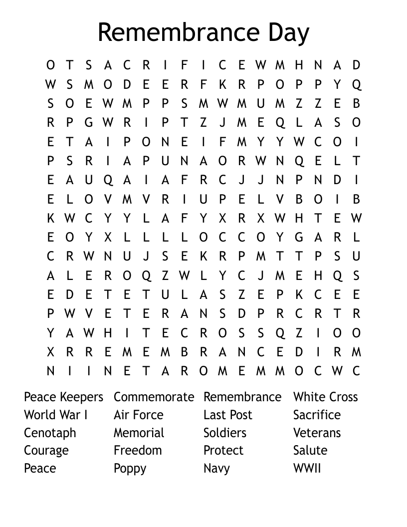 Remembrance Day Word Search