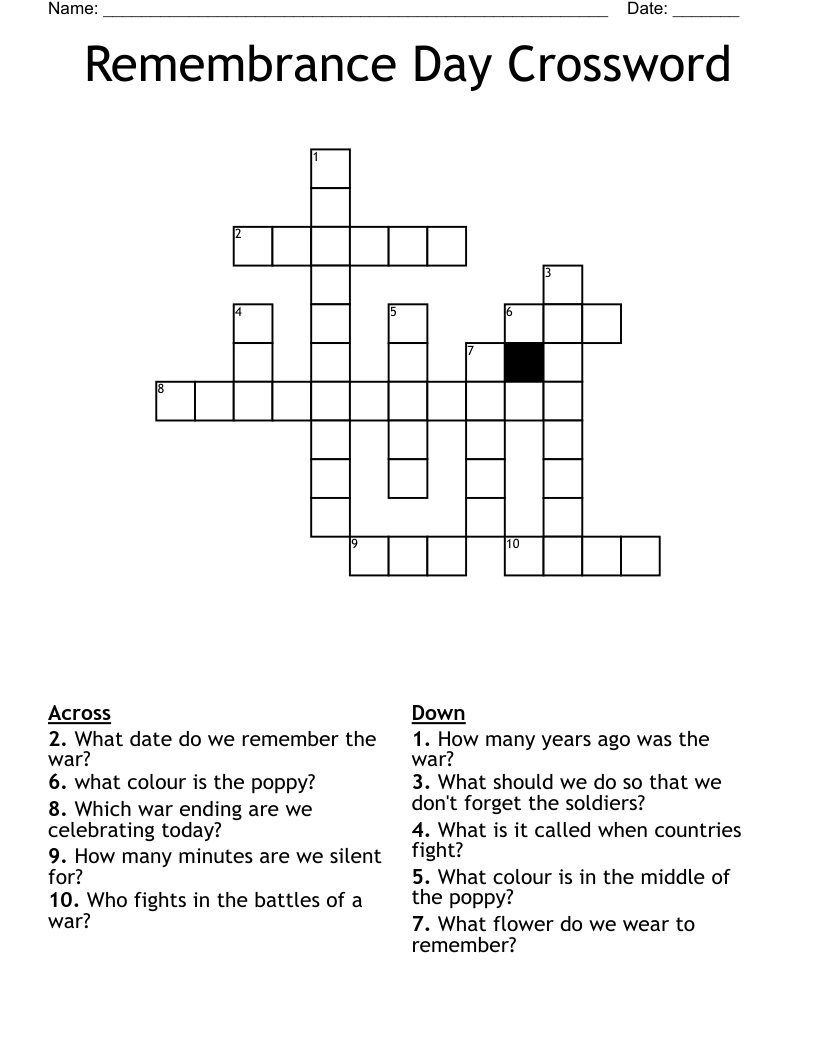 Remembrance Day Crossword