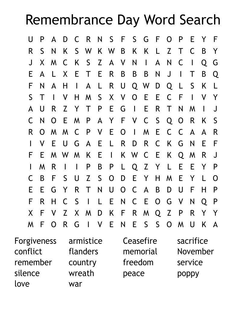 Remembrance Day Word Search