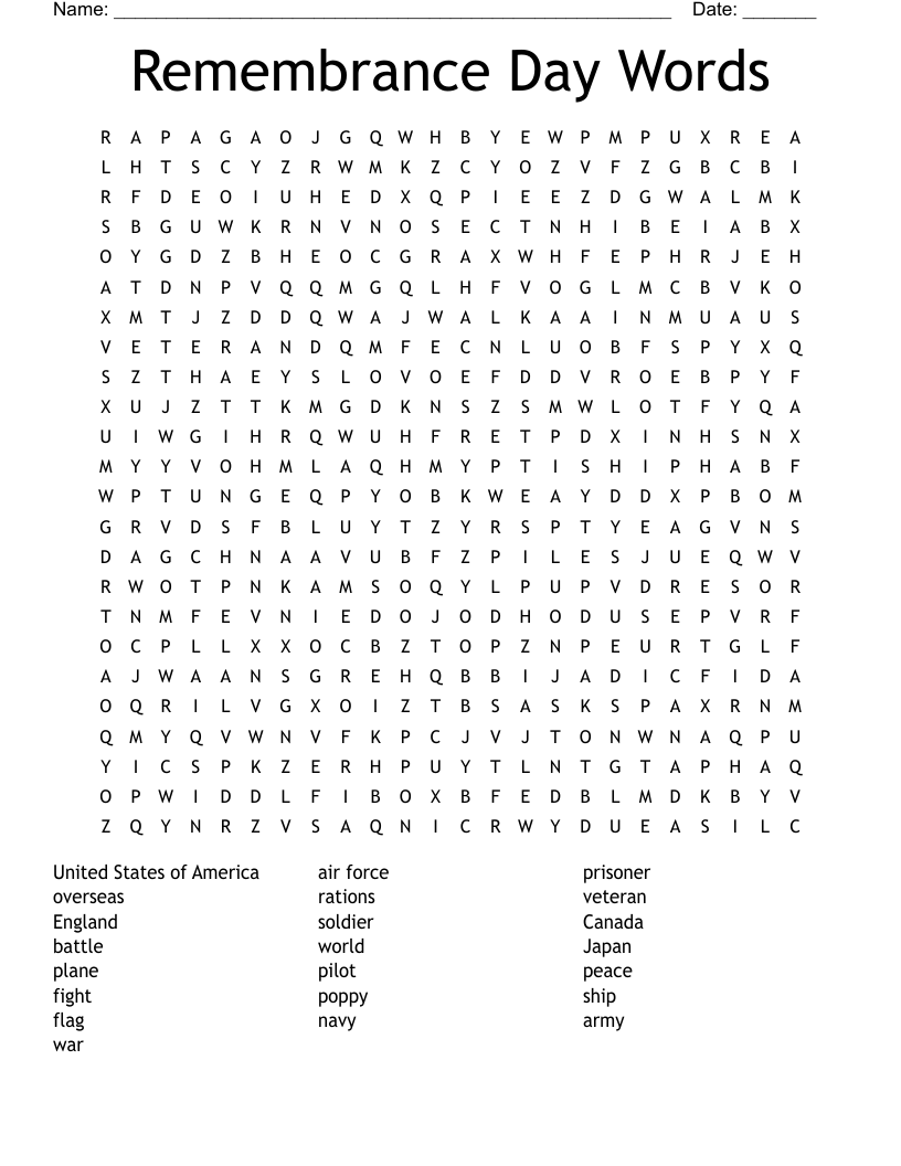Remembrance Day Words Word Search