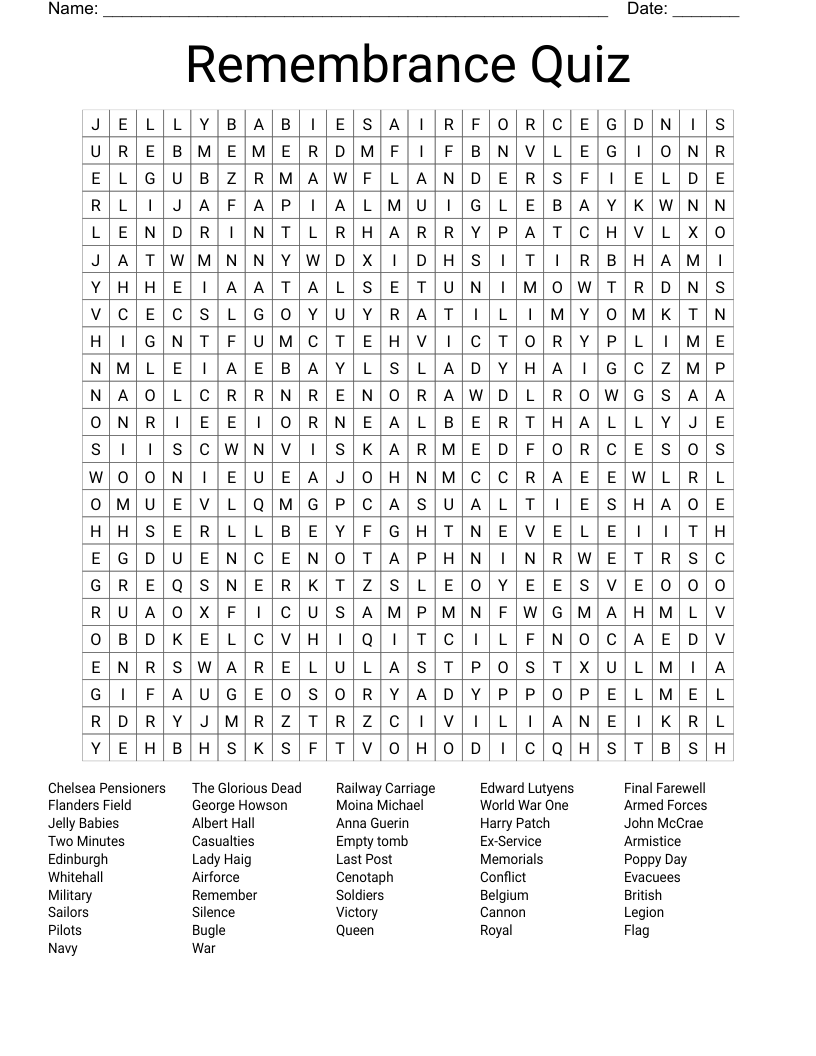 Remembrance Quiz Word Search