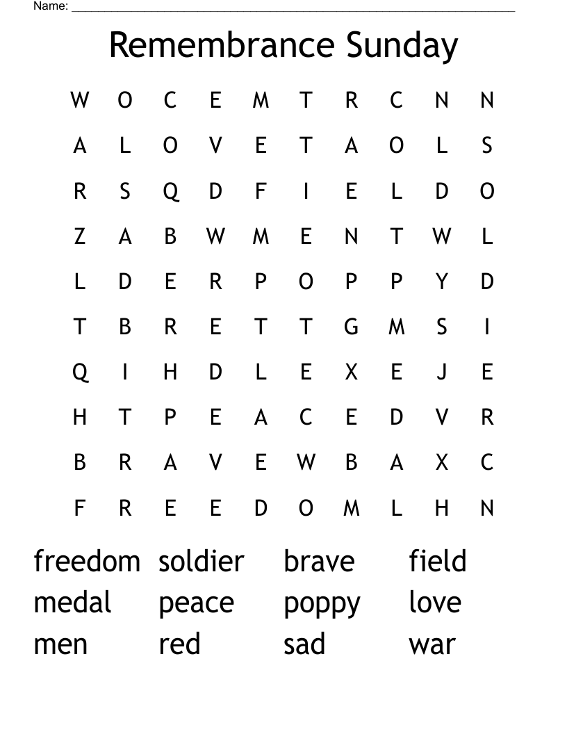 Remembrance Sunday Word Search