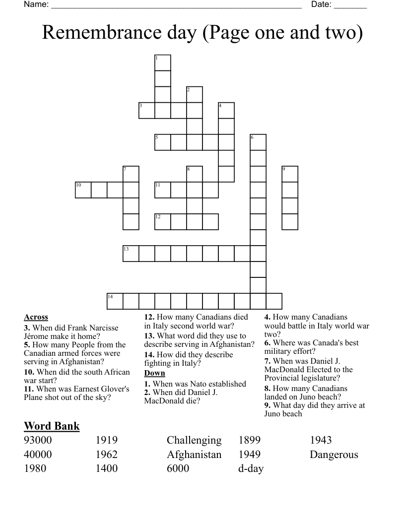Remembrance day (Page one and two) Crossword