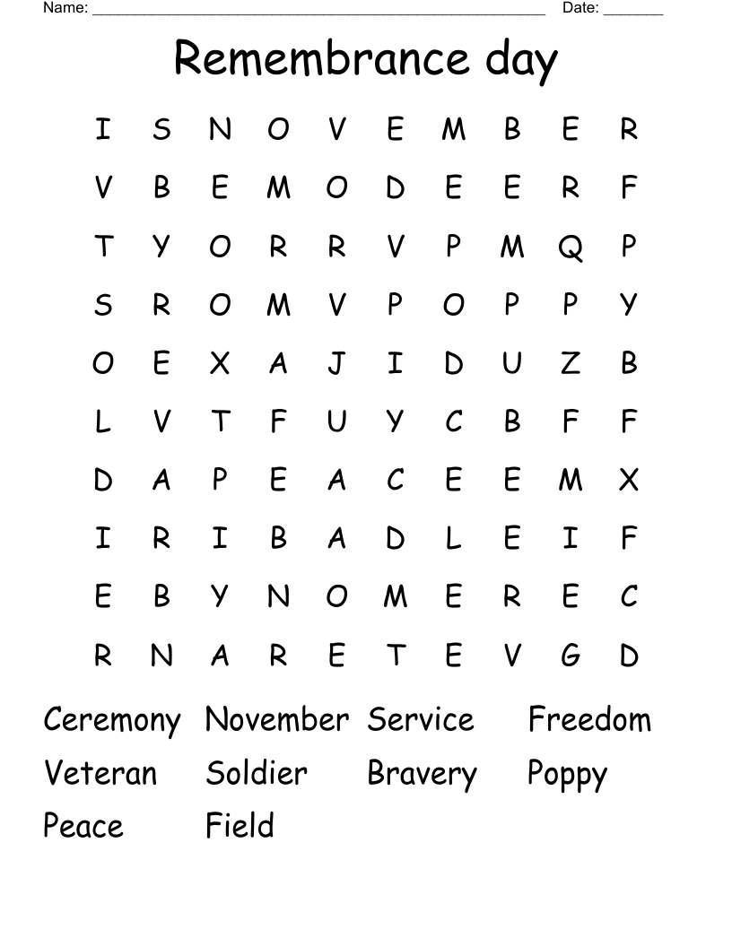 Remembrance day  Word Search