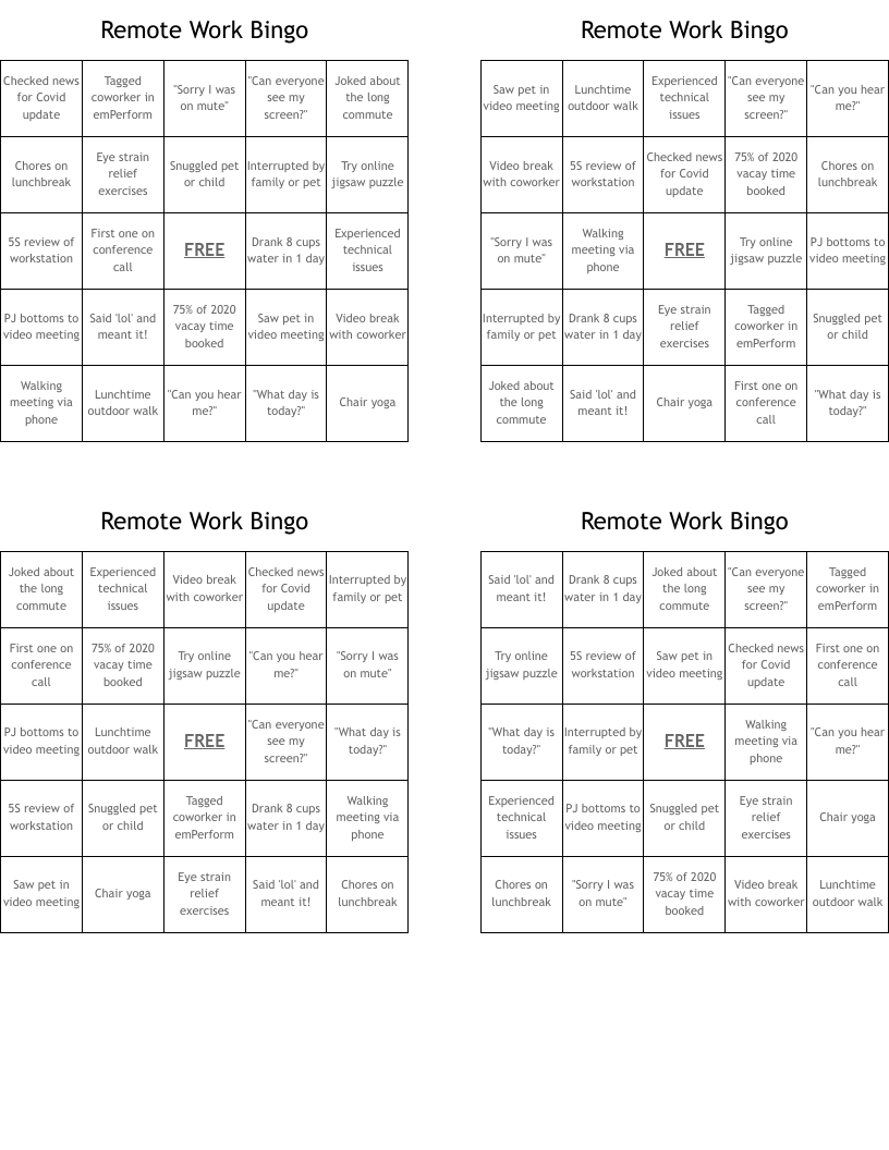 Remote Work Bingo