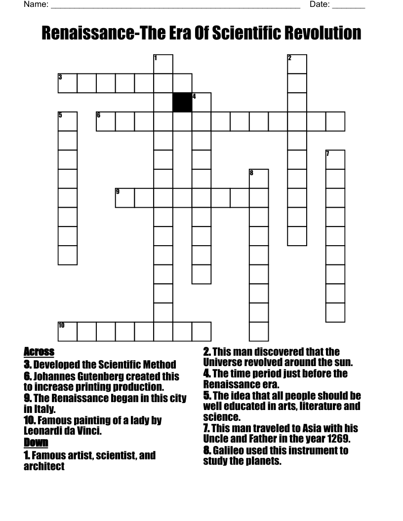 Renaissance-The Era Of Scientific Revolution Crossword