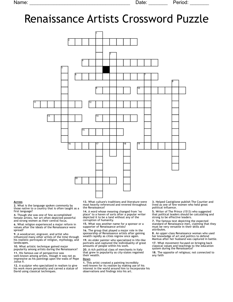 Renaissance Artists Crossword Puzzle