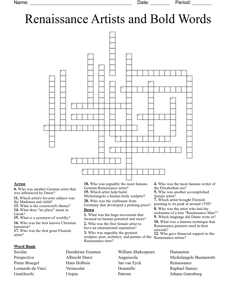 Renaissance Artists and Bold Words Crossword