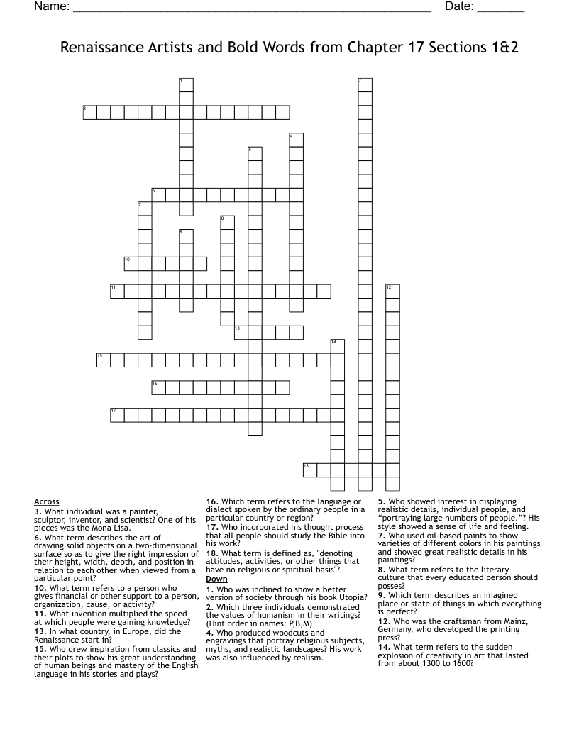 Renaissance Artists and Bold Words from Chapter 17 Sections 1&2 Crossword