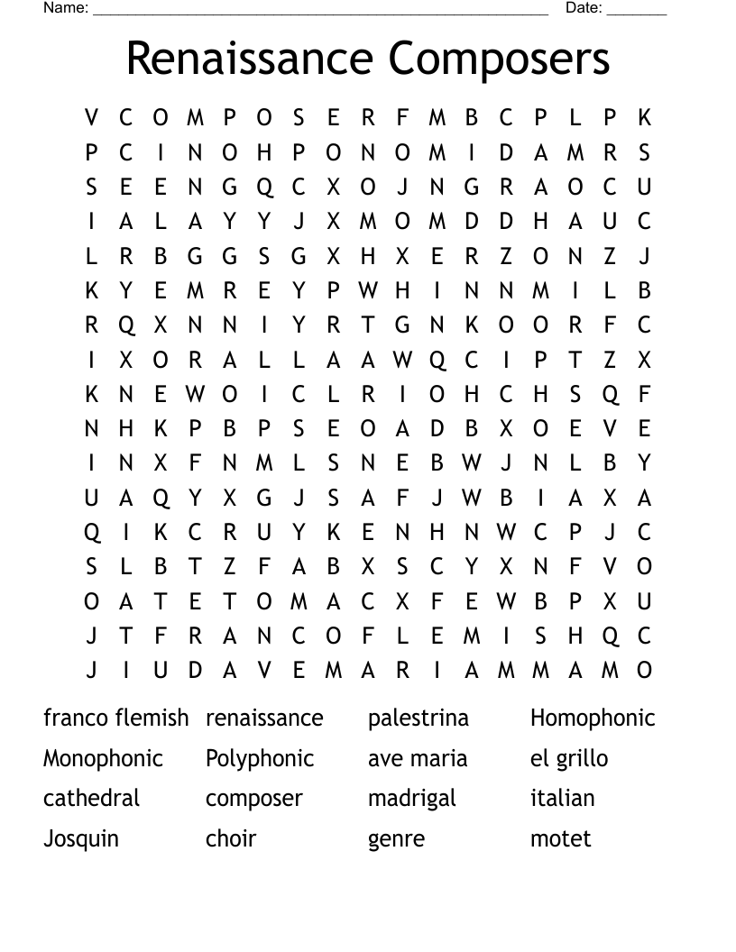Renaissance Composers Word Search