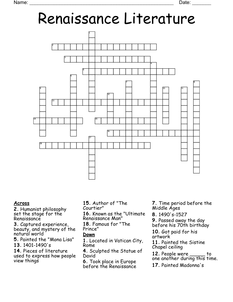 Renaissance Literature Crossword