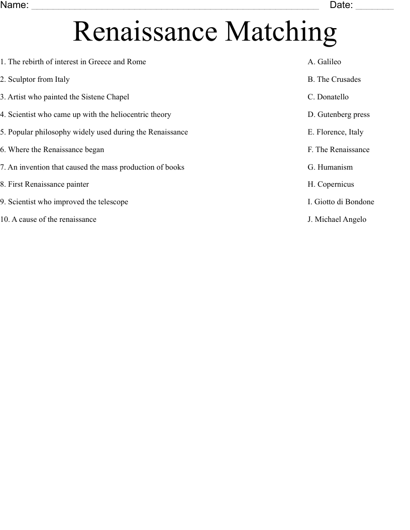 Renaissance Matching Worksheet