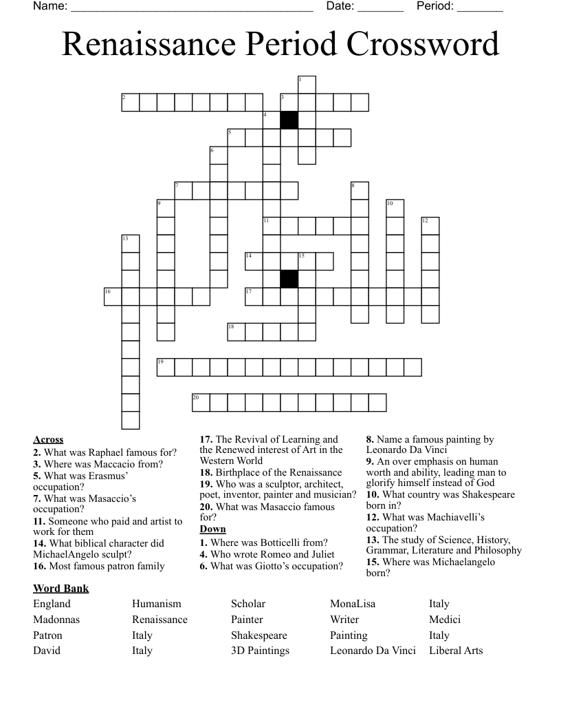 Renaissance Period Crossword