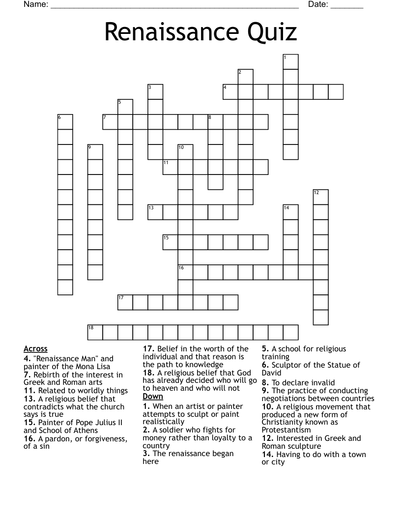 Renaissance Quiz Crossword
