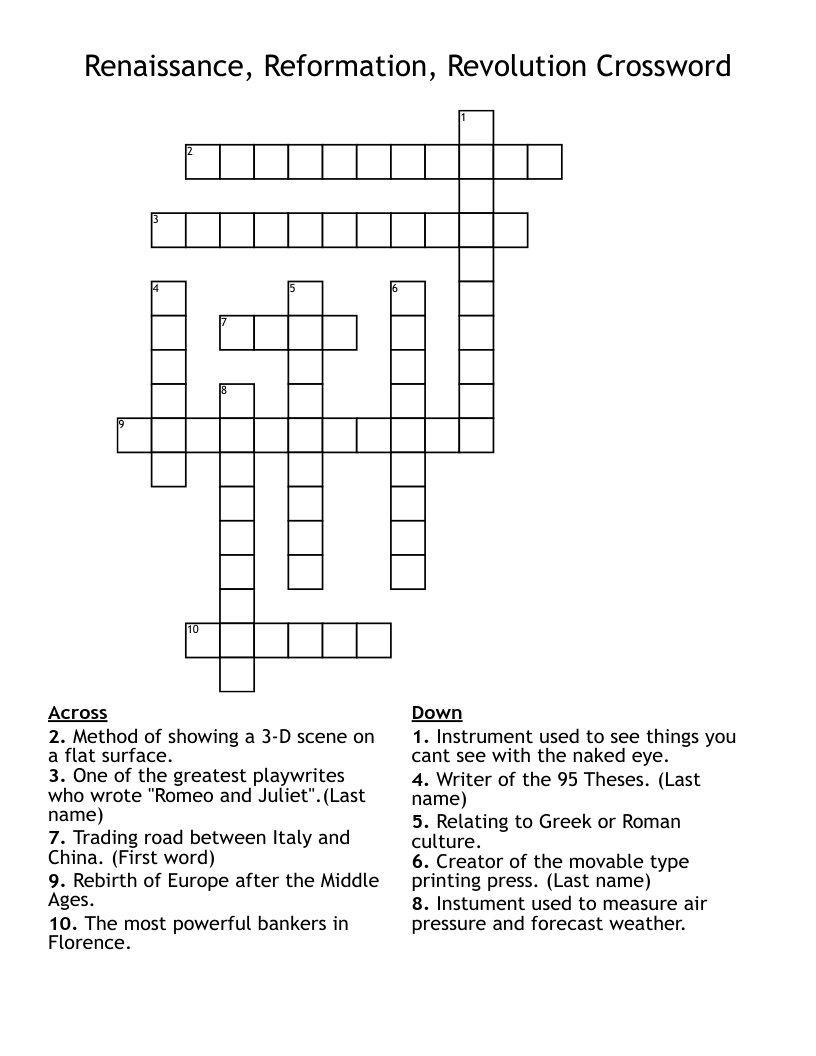 Renaissance, Reformation, Revolution Crossword