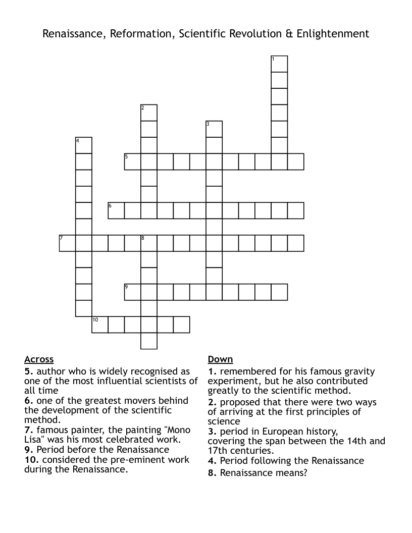 Renaissance, Reformation, Scientific Revolution & Enlightenment Crossword