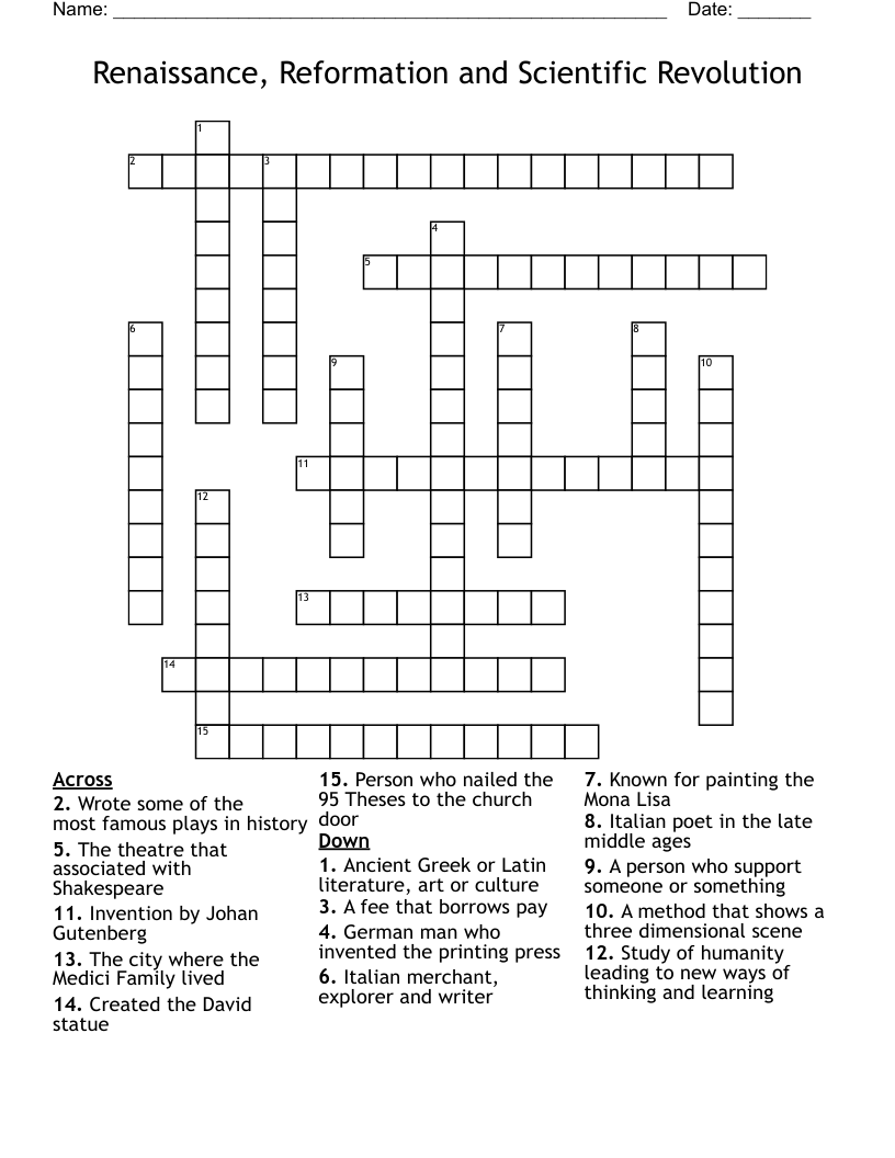 Renaissance, Reformation and Scientific Revolution Crossword