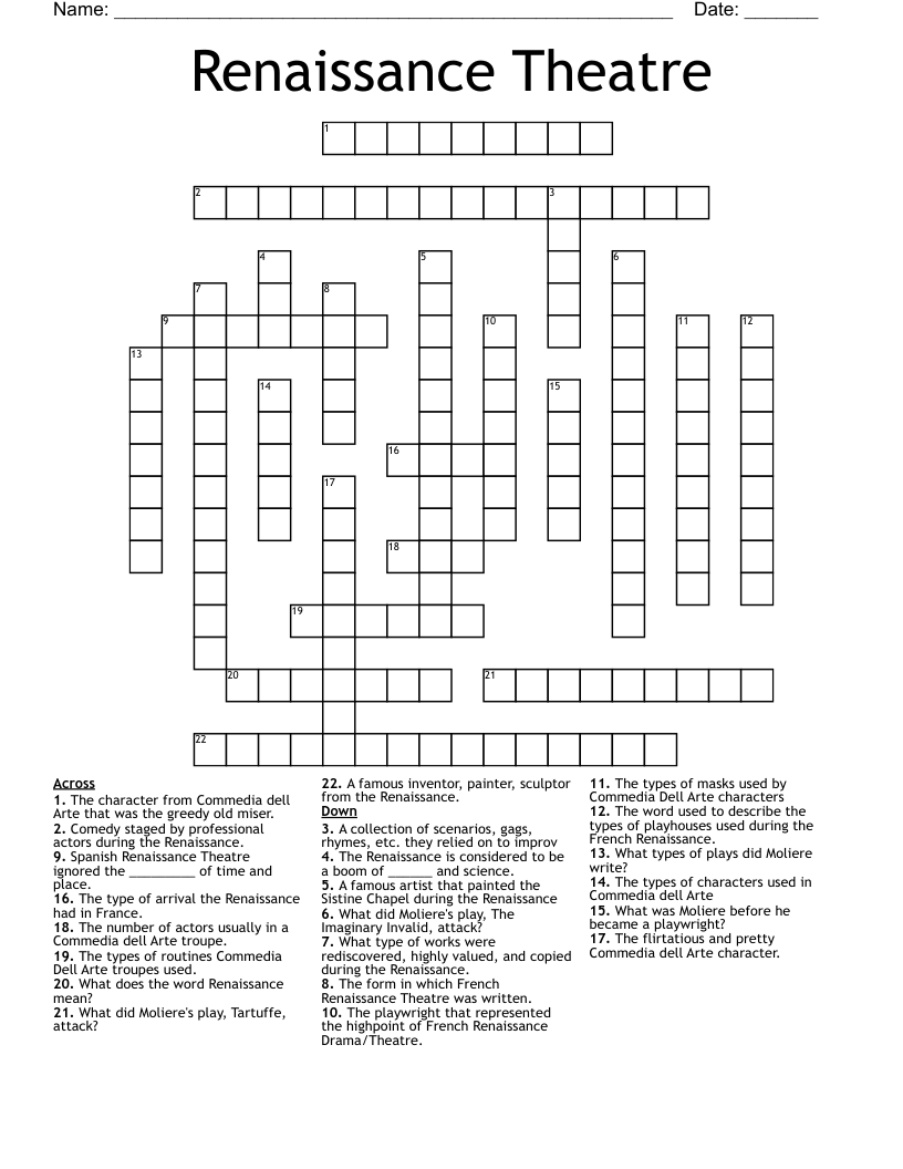 Renaissance Theatre Crossword