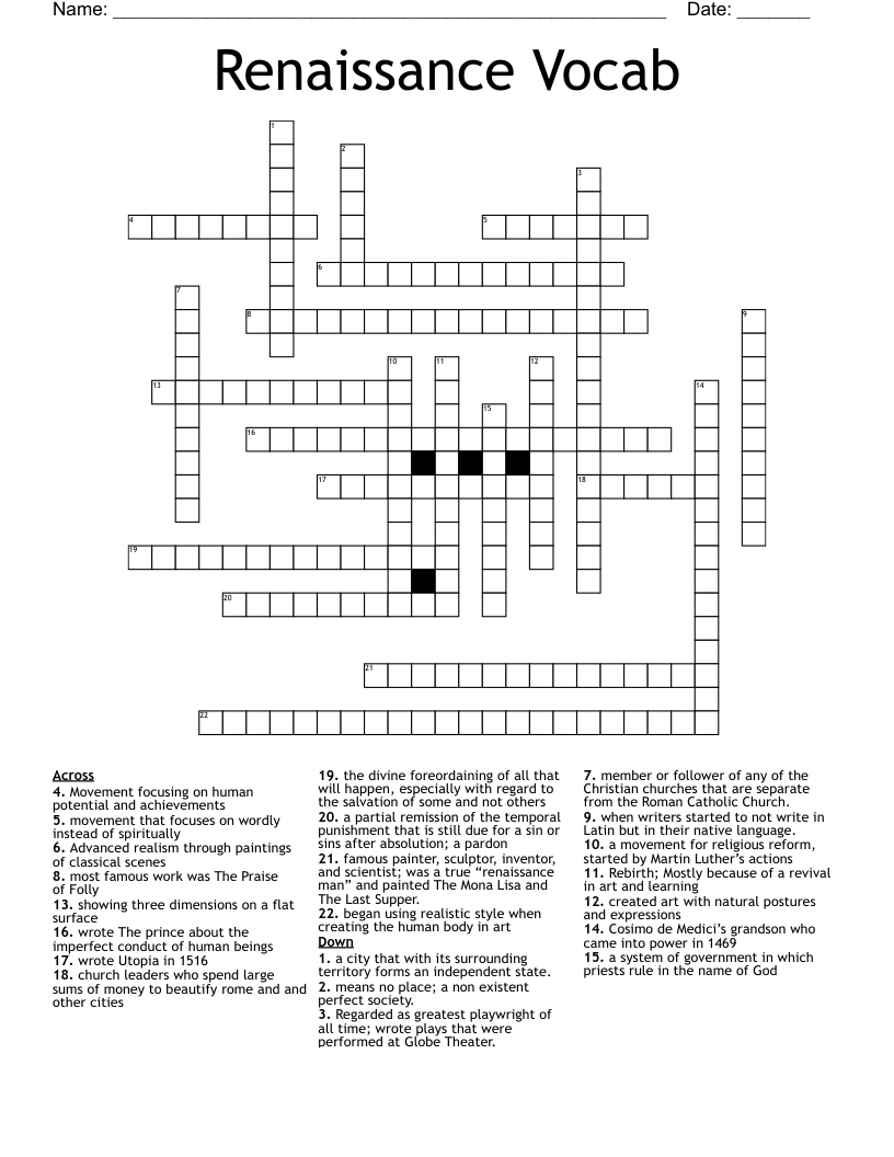 Renaissance Vocab  Crossword