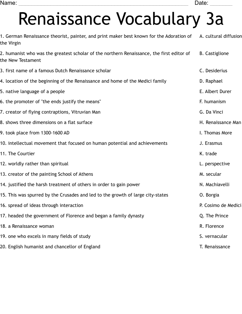 Renaissance Vocabulary 3a Worksheet