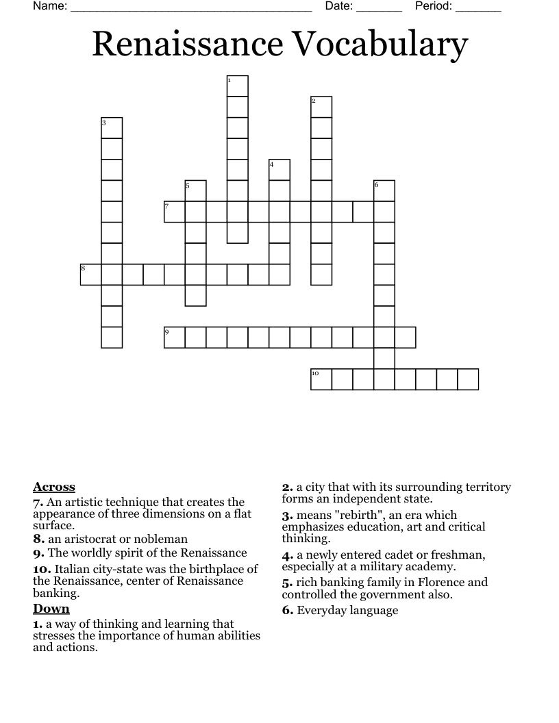 Renaissance Vocabulary Crossword