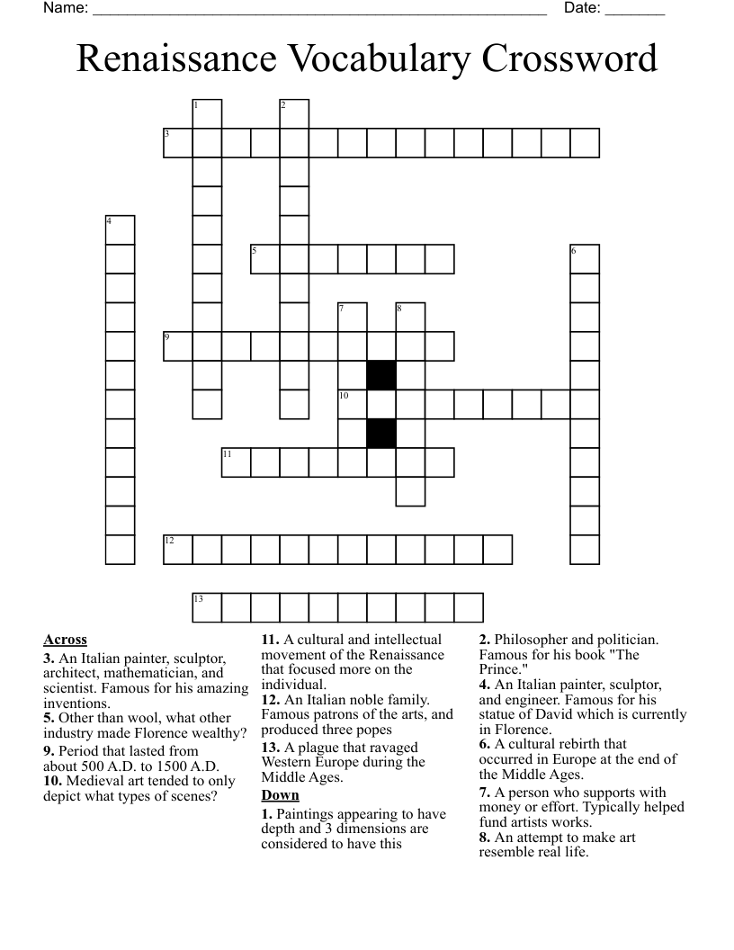 Renaissance Vocabulary Crossword