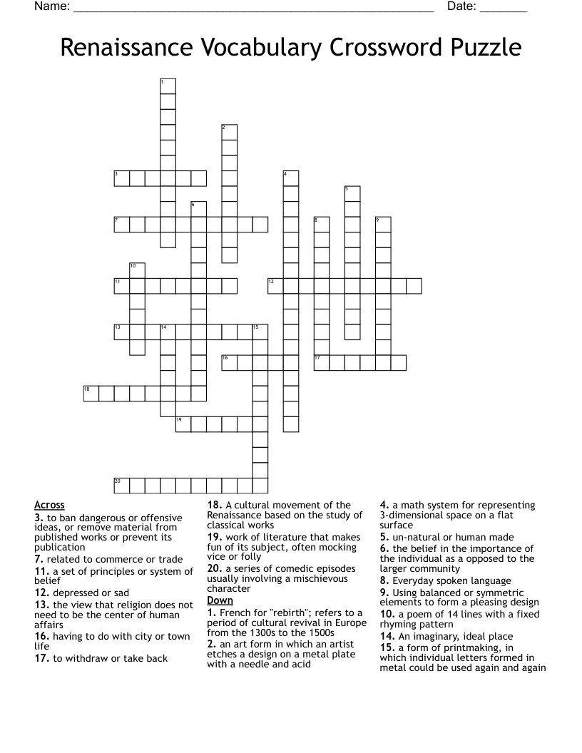 Renaissance Vocabulary Crossword Puzzle