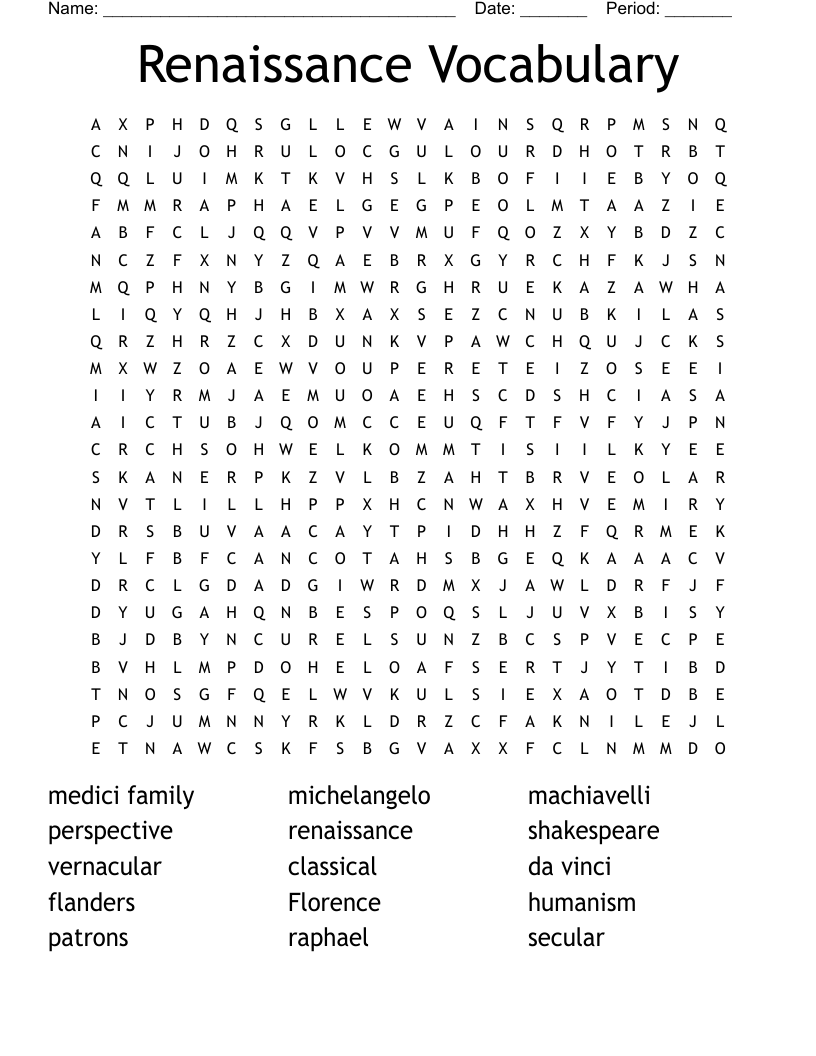 Renaissance Vocabulary  Word Search