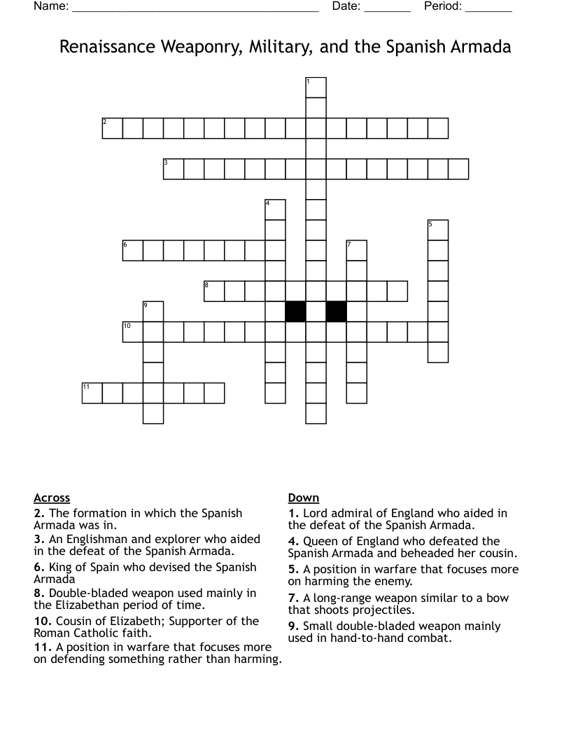 Renaissance Weaponry, Military, and the Spanish Armada Crossword