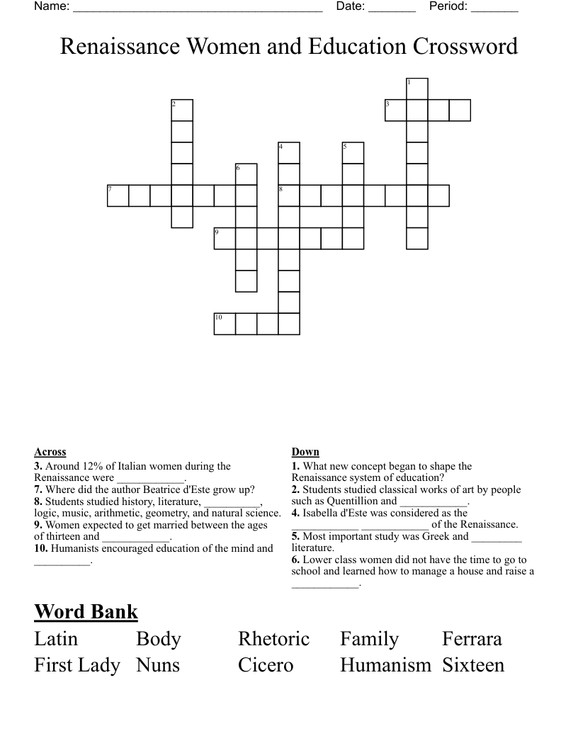 Renaissance Women and Education Crossword