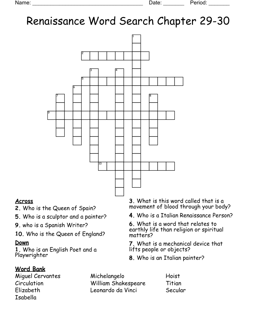 Renaissance Word Search Chapter 29-30 Crossword