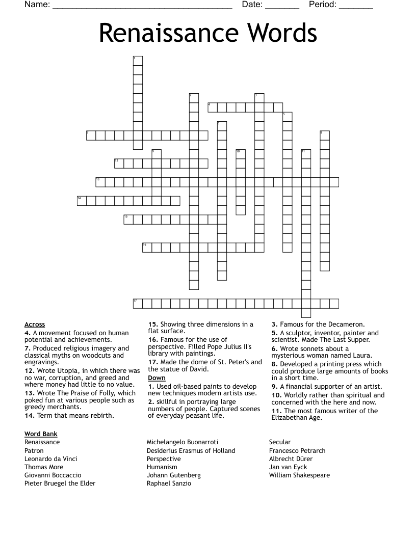 Renaissance Words  Crossword