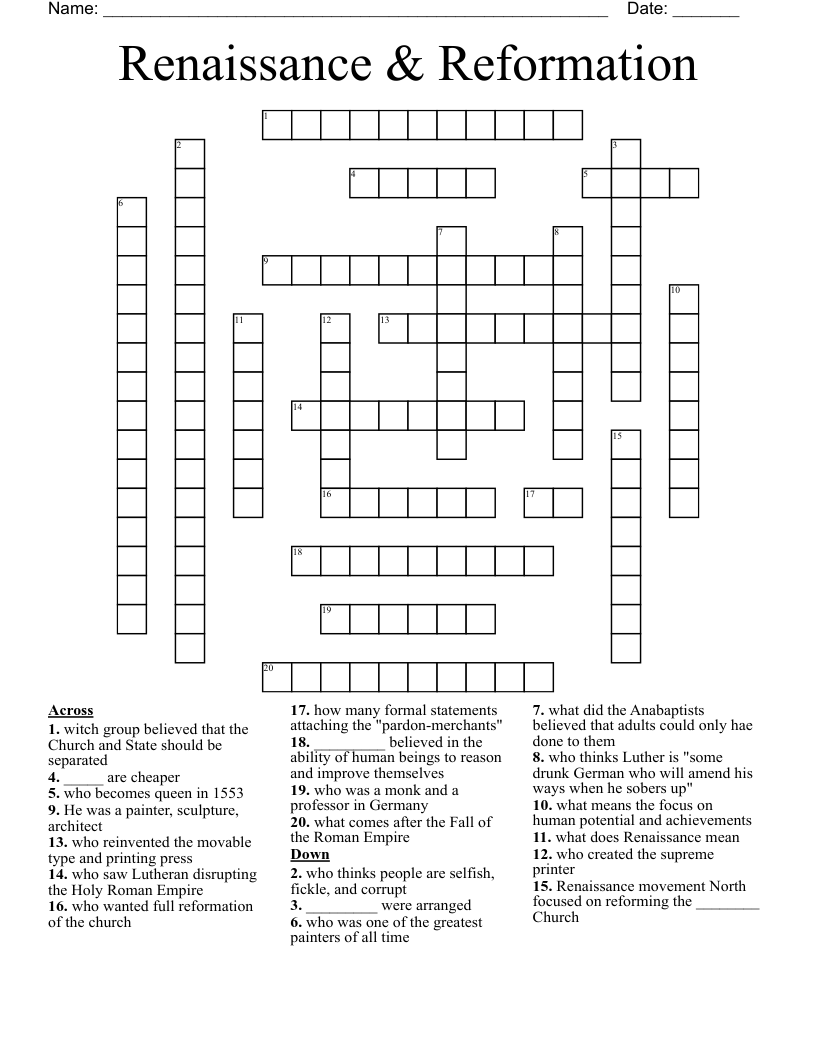 Renaissance & Reformation Crossword