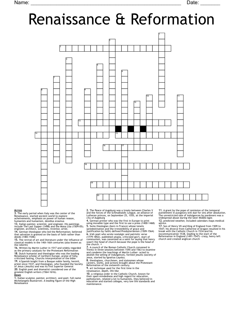 Renaissance & Reformation Crossword