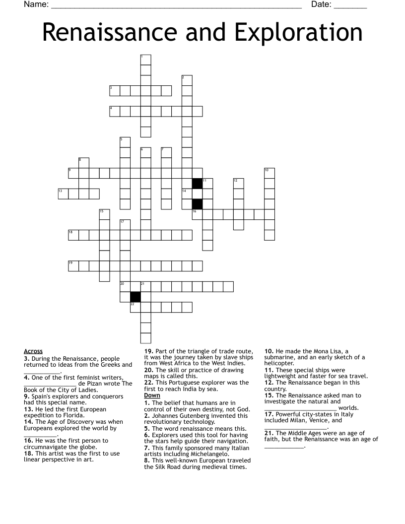 Renaissance and Exploration Crossword