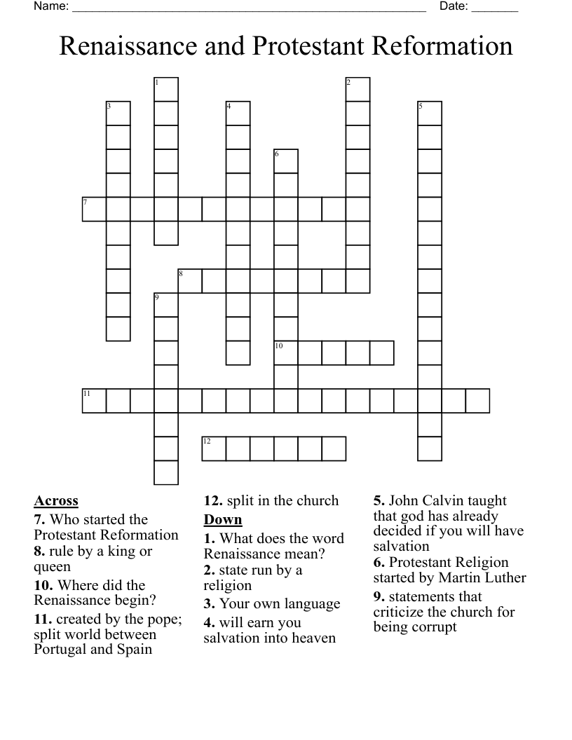 Renaissance and Protestant Reformation Crossword