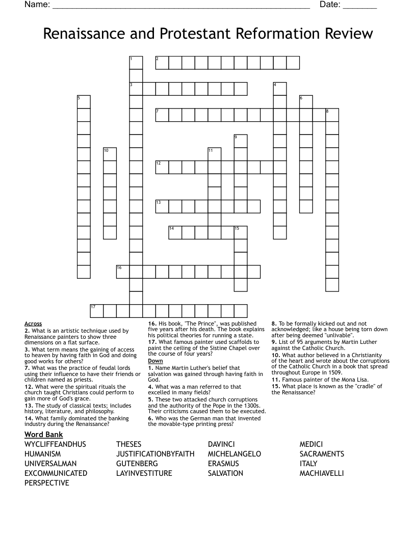 Renaissance and Protestant Reformation Review Crossword
