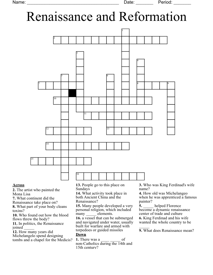 Renaissance and Reformation Crossword