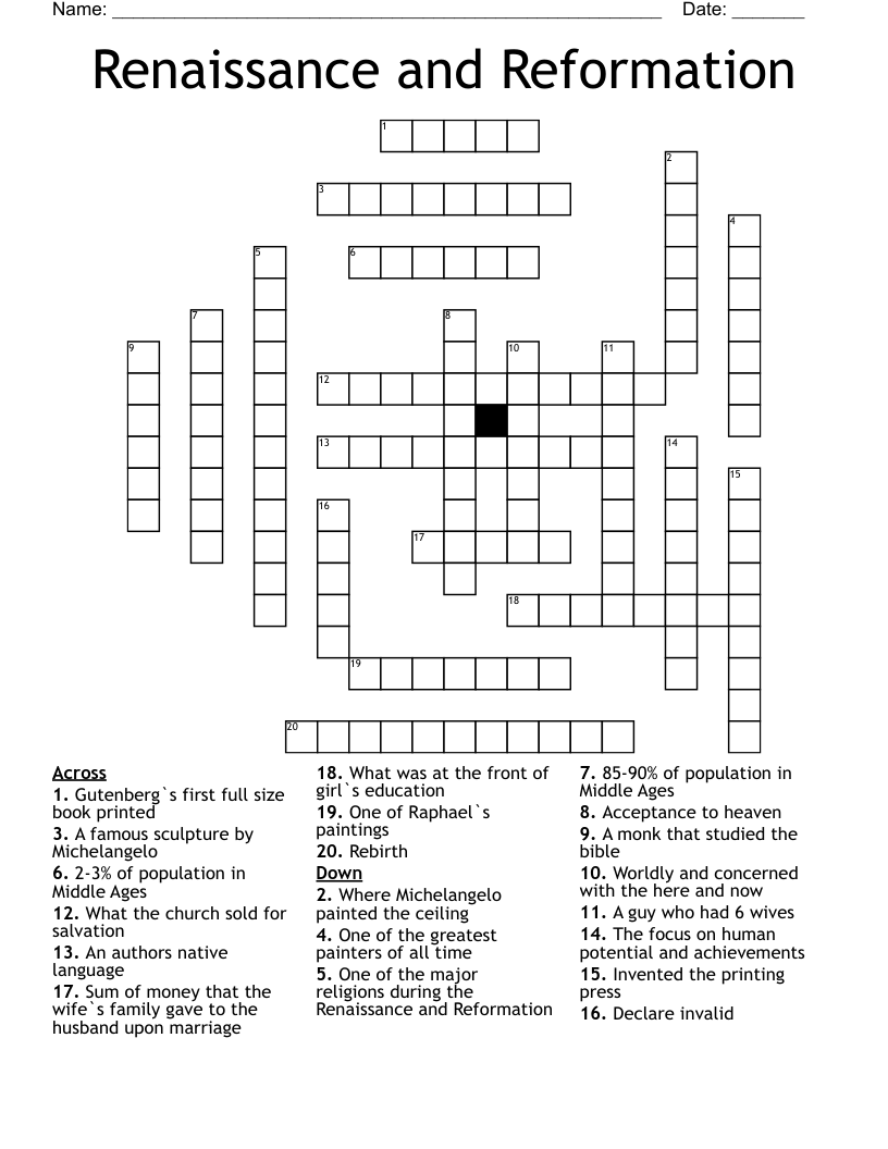 Renaissance and Reformation Crossword